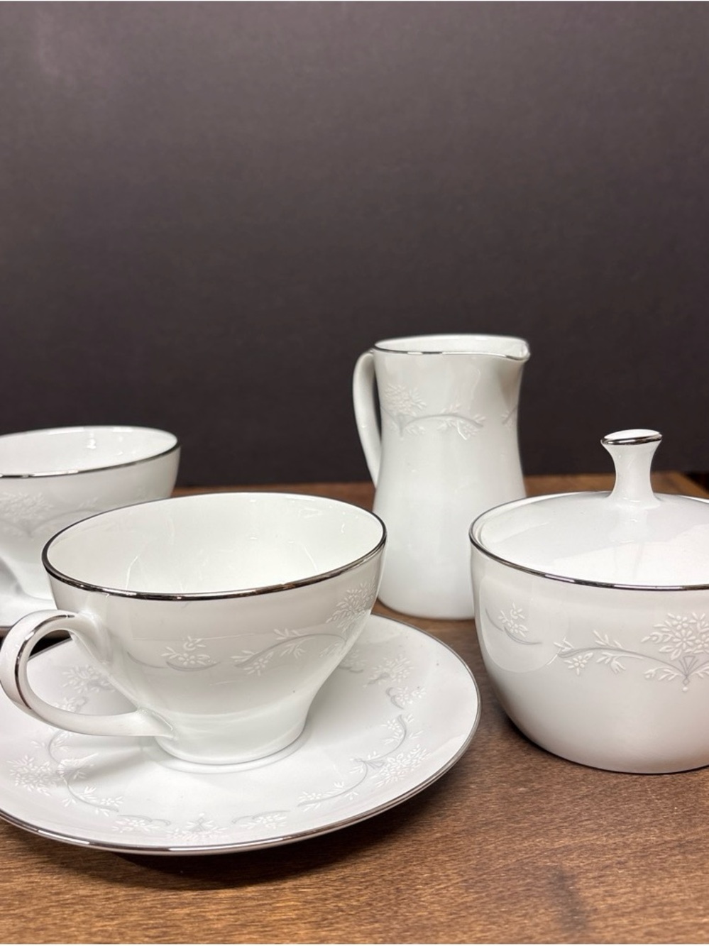 Noritake Whitebrook White Porcelain Tea Set with Silver Trim